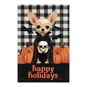 Halloween Chihuahua Garden Flag – “Happy Holidays” Plaid Pumpkin